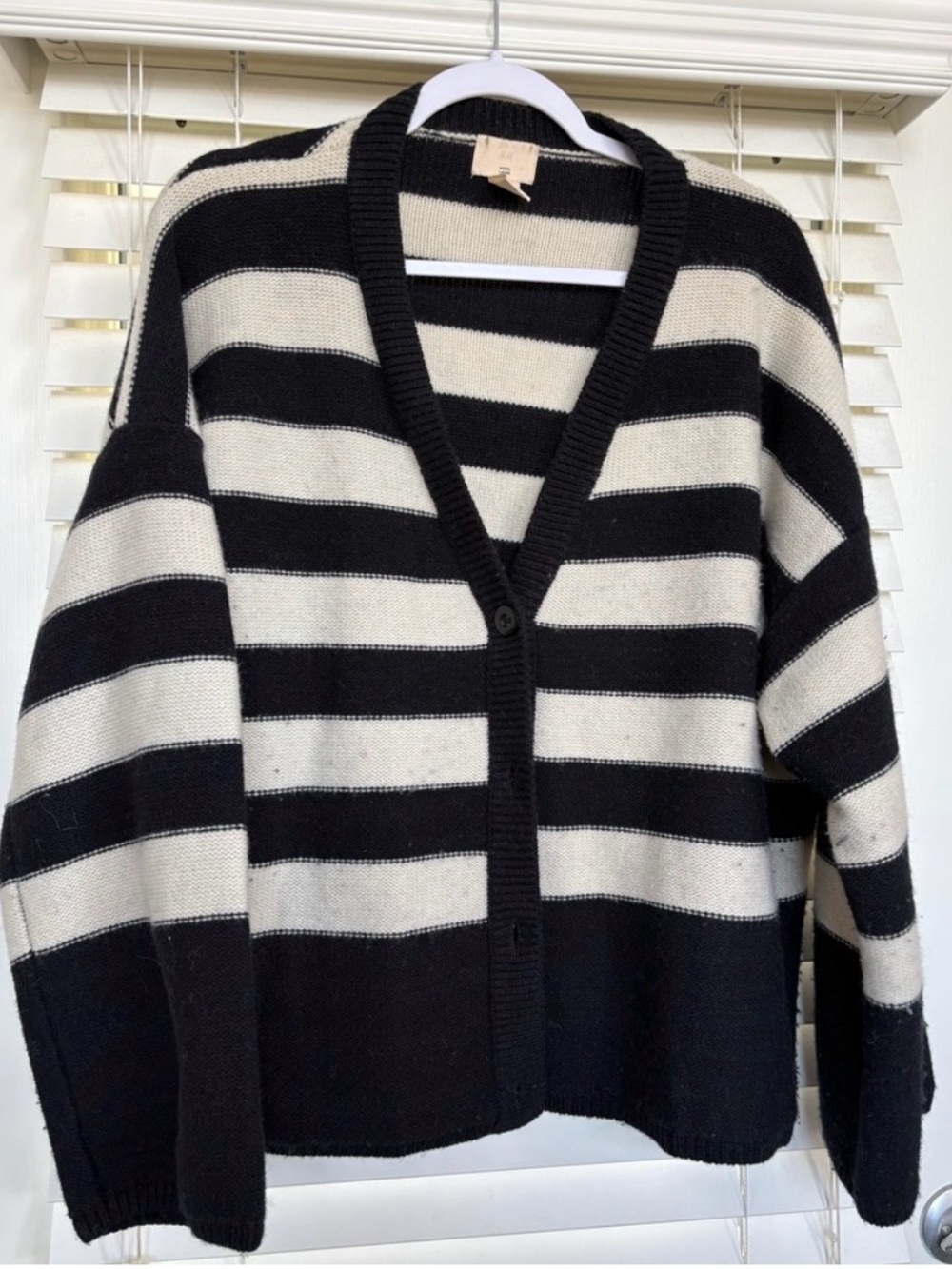 H&M premium Black & Cream Striped V-Neck Cardigan Sweater - Women